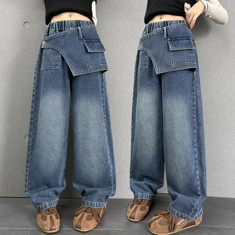 

New Design Kids Stylish Asymmetrical Jeans for Tween Girl High Fashion Street Denim Pants Children Spring Autumn Hiphop Trousers