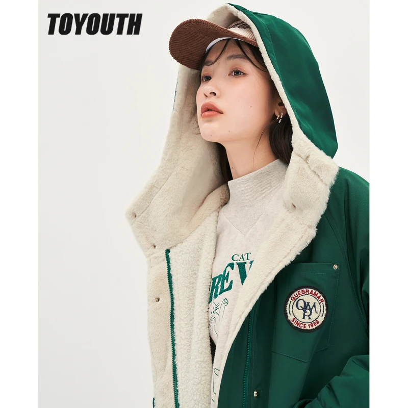 Toyouth Women Thick Plush Coat 2024 Winter Long Sleeve Lapel Stand Collar Loose Hooded Jacket Pocket Warm Casual Outwear Tops