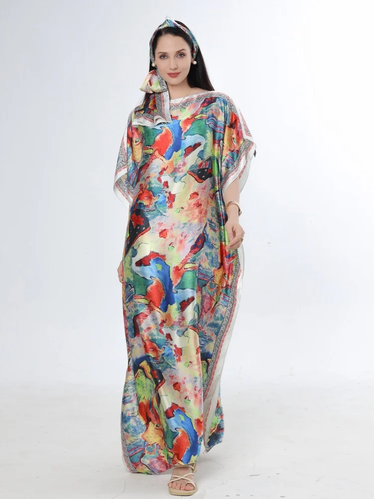 

Round Necked Kaftan Dress, Fashionable Bat Sleeve Loose Fitting Dress with Scarf, Women's Clothing