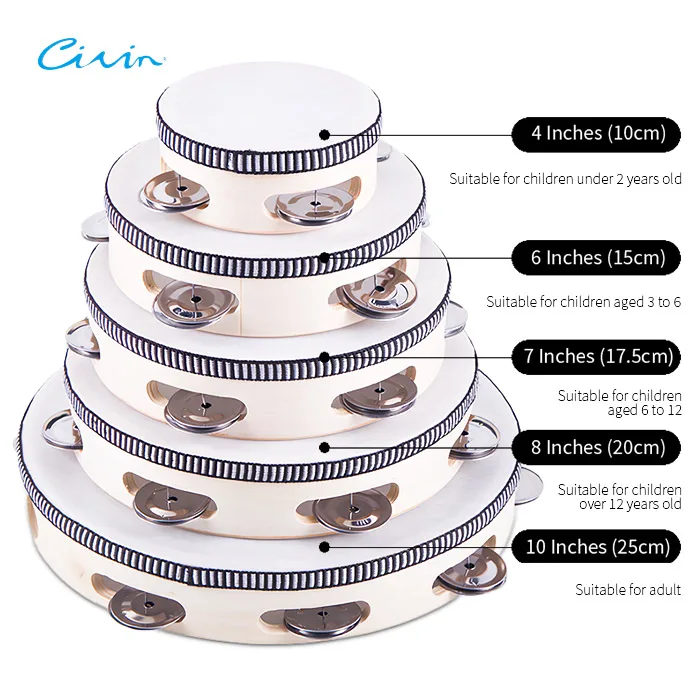 Customized Galvanized Bell Plates 6 Inch Wood Hand Drum Tambourine Wedding Drum For Kids Adult