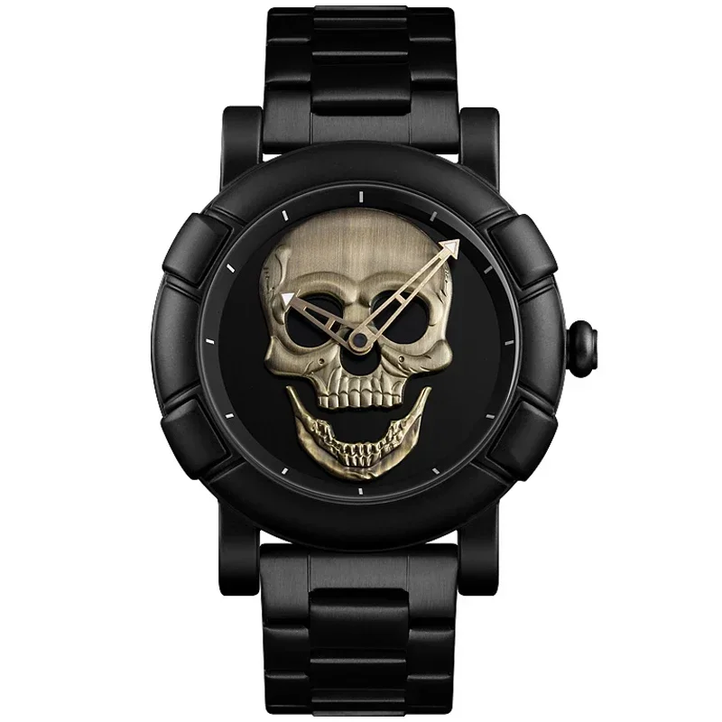 Reloj de cuarzo con esfera de oro negro para Hombre, diseño de cabeza de calavera 3D, acero inoxidable, Steampunk Rock grabado, Cool Mexico, Reloj para Hombre