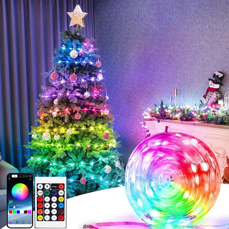 Inteligente Bluetooth LED String Fairy Lights, Guirlanda USB, RGB Remote, Iluminação de Natal, Quarto, Decoração do partido, DIY, WS2812B, 5V