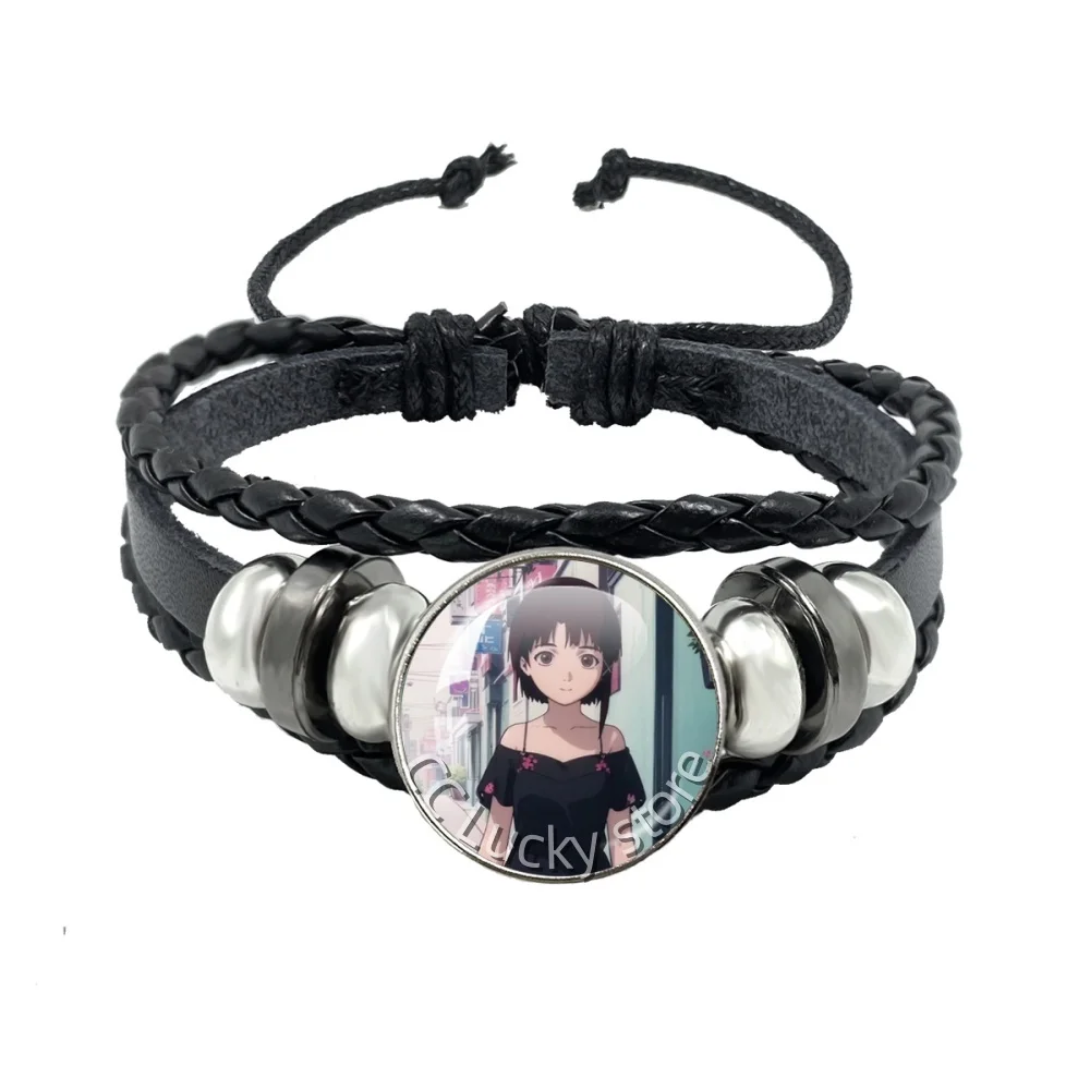 18mm Black Leather Bracelet Hot Serial Experiments Lain God of the Wired Lain Iwakura Glass Accessories Jewelry Cosplay Gift