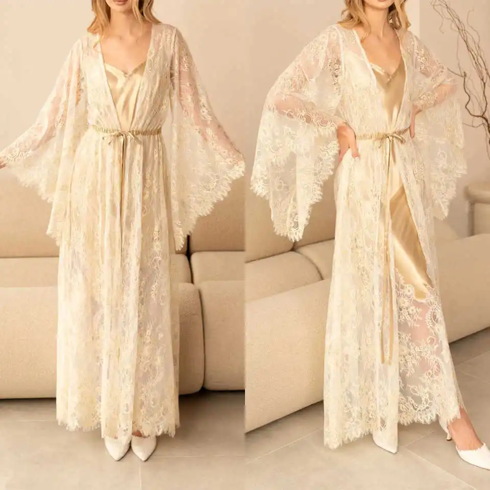 

Элегантные женские пижамы из двух предметов, кружевные халаты с аппликацией, халаты для подружки невесты, свадебный халат с длинными рукавами, большие размеры по индивидуальному заказу