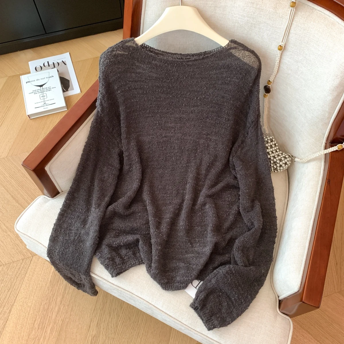 Suéter de punto calado suave y largo para mujer, Top de otoño cómodo y holgado, prendas de punto de algodón versátiles rojas Lazy Sle