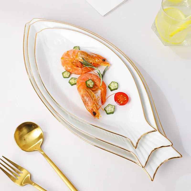 

Белая керамическая тарелка для рыбы, креативная скандинавская посуда для дома, декоративная тарелка для стола, золотой керамический поднос, кухонные принадлежности