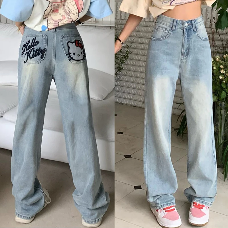 

Hello Kitty Jeans Y2K Sanrio Kawaii Anime Kt Wide-Leg Pants Loose Women's Trousers Street Harajuku Trend Students Casual Fashion