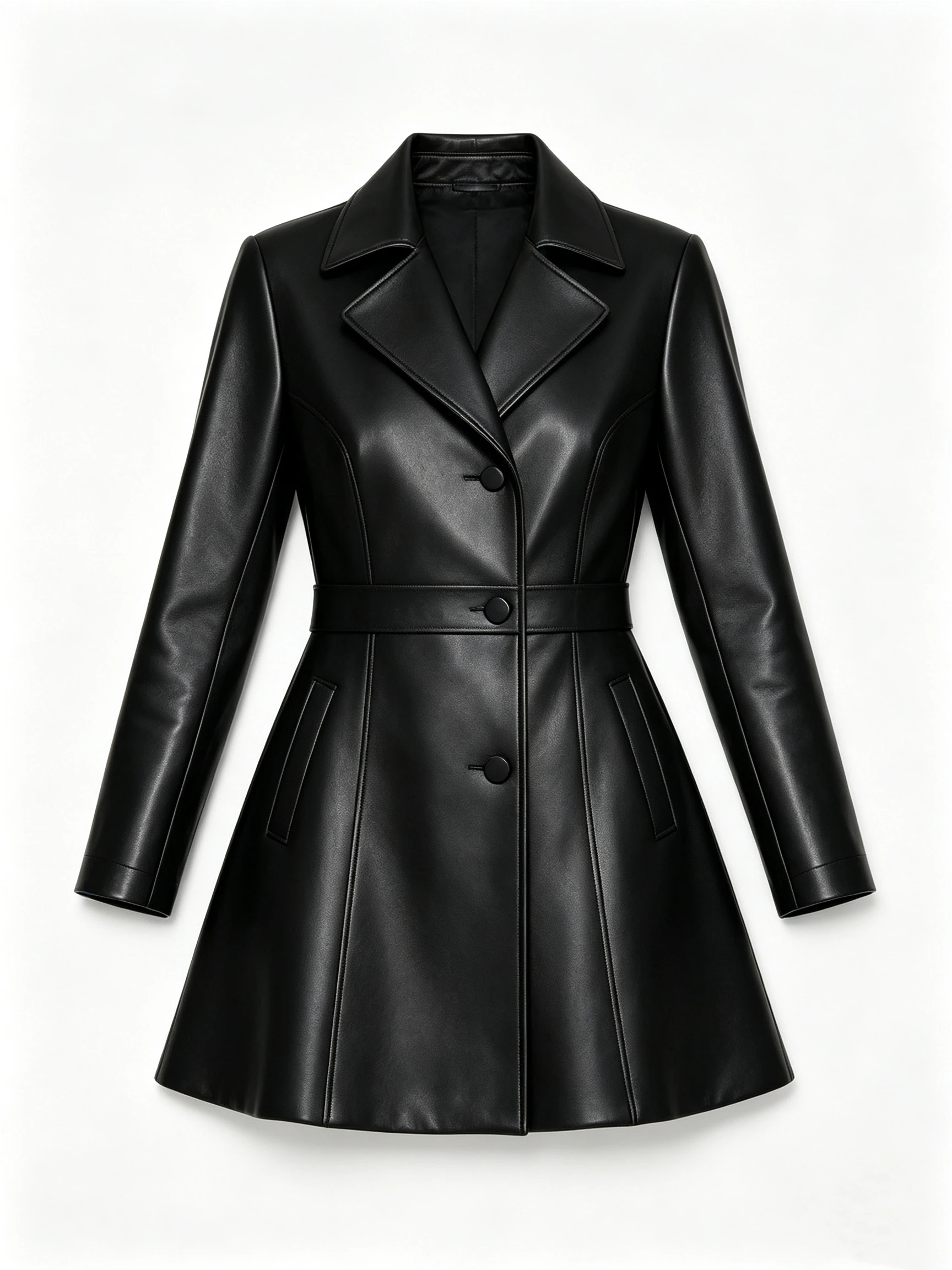 Women's Faux Leather Trench Coat with Cinched Waist and Flared A-Line Hem