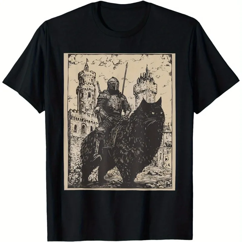 Summer Hot Selling Knight Cat Rider Retro 90s Medieval Knight Cat Rider Men's Casual Round Neck Short Sleeved T-shirt