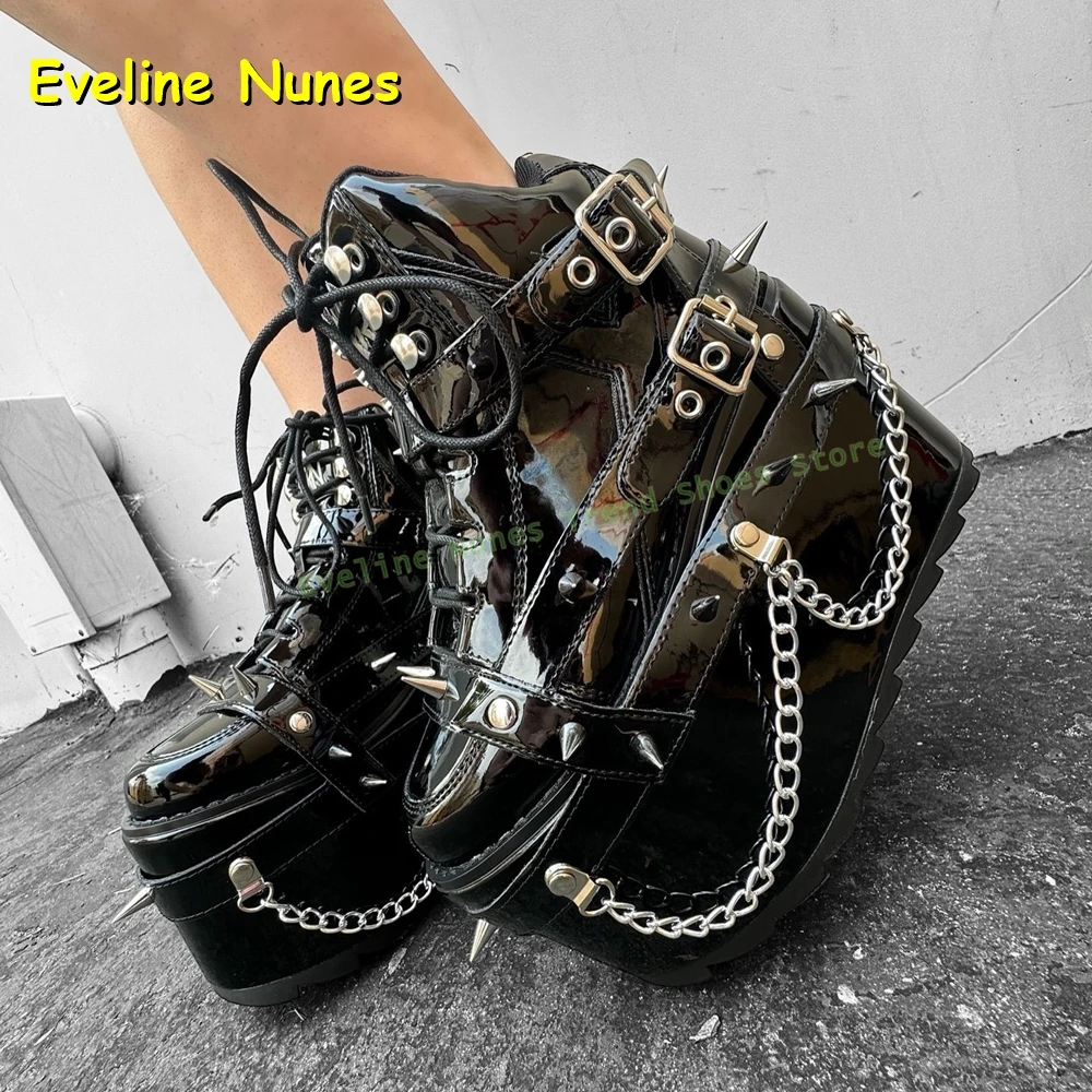 Women's Black Punk Platform Sneakers Studded Spiked Buckle Straps Y2K Streetwear Gothic Casual Ankle Boots Patent Leather 2026