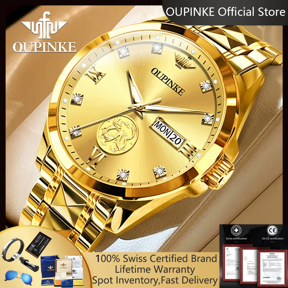 OUPINKE 3259 Real Gold Automatic Mechanical Watches for Man Ladies Hand Clock Original Luxury Tungsten Steel Strap Men's Watches