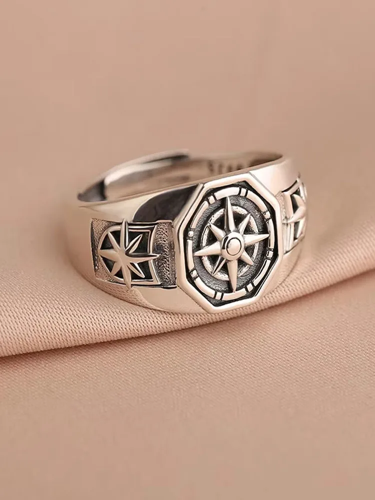 Bague boussole rétro Poseidon plaqué argent, ouverture hexagonale réglable, pour hommes et femmes, bijoux tendance Hip-Hop, cadeau