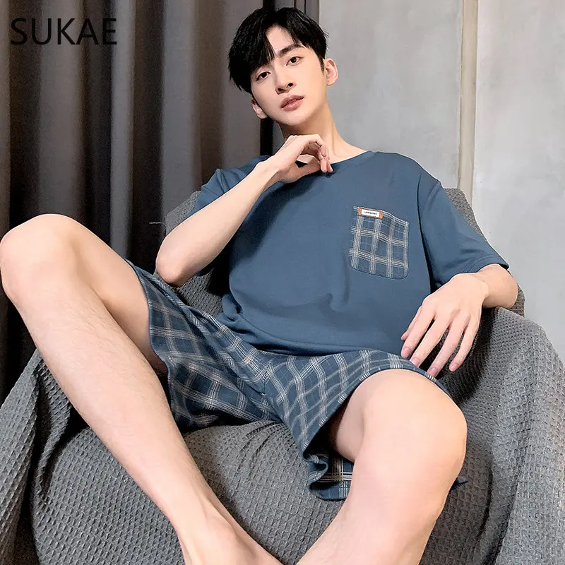 SUKAE Mens Cotton Sleepwear Short Sleeves Shorts L-4XL Lounge Set for Boy Casual Homesuits Man\'s Pajama Korean Leisure Homewear