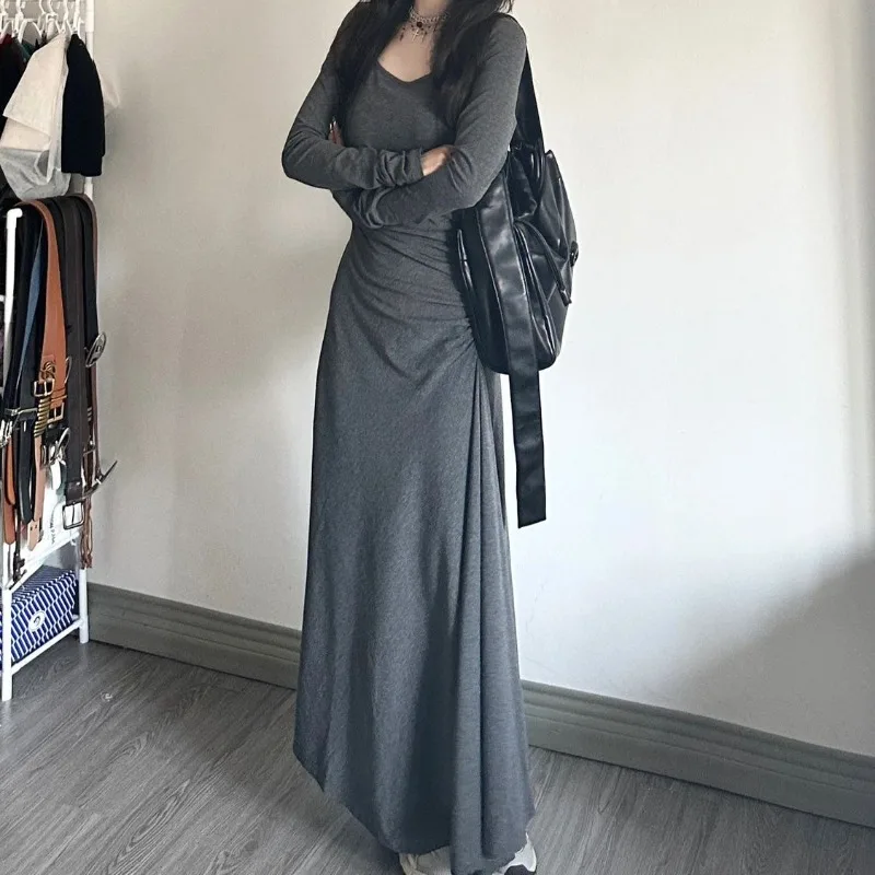 Slim Dresses Women Chic Empire Long Sleeve O-neck Shirring Defined Waist Ankle Length Autumn Basic Solid Hot Sexy Ulzzang Female