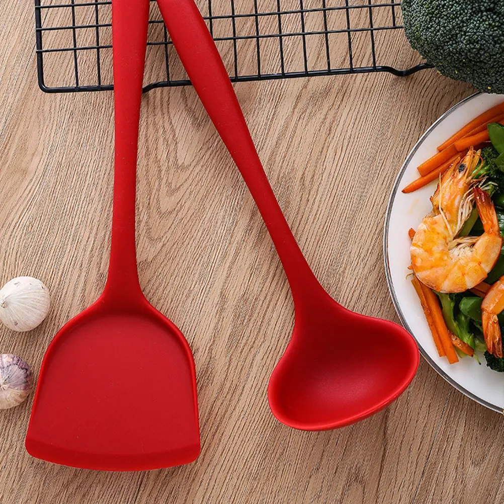 

3 Pcs Silicone Kitchen Tools Set Spatula Soup Ladle Red Long Handle Heart Design Hanging Hole Cooking Utensils Anti-fade
