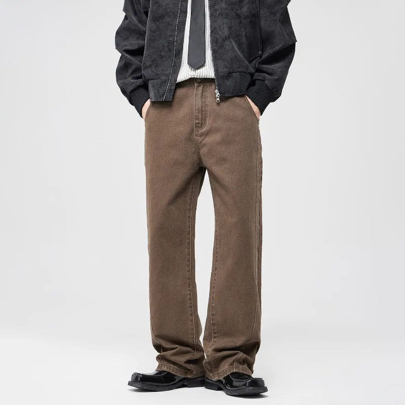 

Мужские коричневые прямые брюки 2025 г., модные свободные хлопковые мягкие потертые джинсовые брюки стандартного кроя, повседневные брюки S-2XL