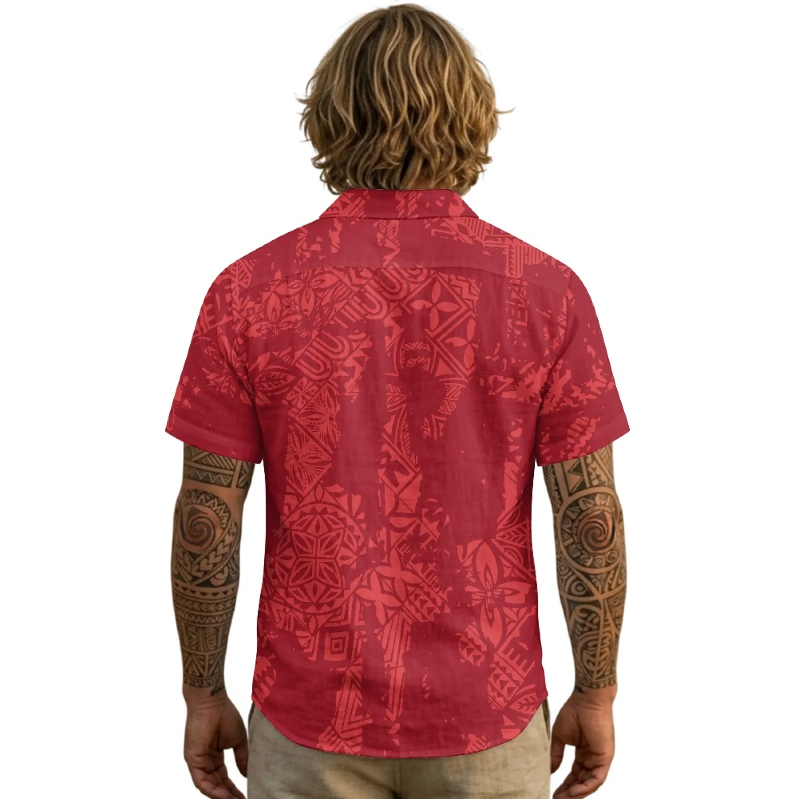 PENSTROLL Red Abstract Pattern Linen Style Hawaiian vacation shirt Single Breasted Men's Short Sleeve Button Top for Male S-3XL
