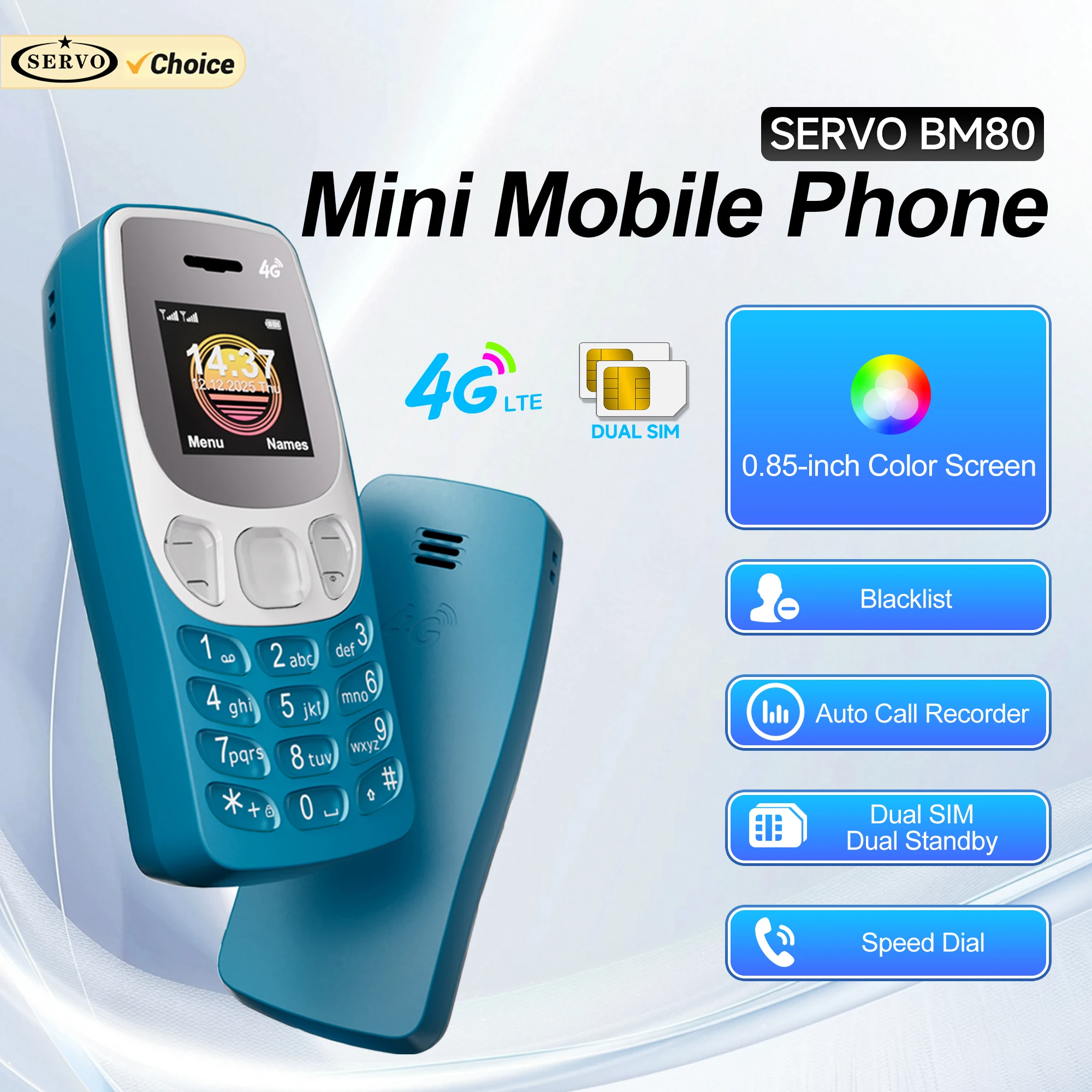 SERVO BM80 4G LTE Super Small Button Mobile Phone Dual SIM Standby Speed Dial Call Recording Alarm Clock Mini Backup Cellphones