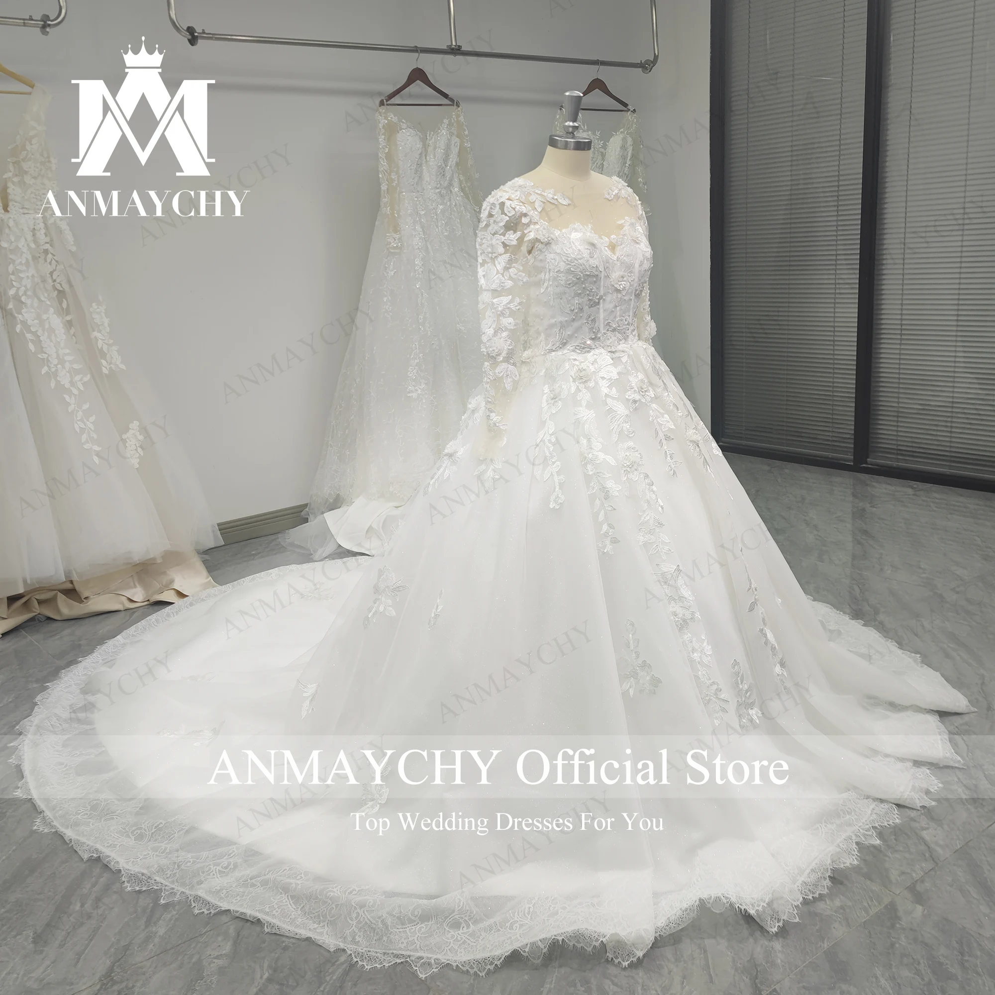 ANMAYCHY Ball GownLuxury Hochzeit Kleider Für Frauen 2022 Perlen Appliques SCOOP Spitze Langarm Hochzeit Kleid Vestidos De Novia