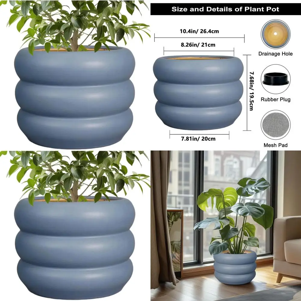 

10-дюймовый горшок для растений для дома и улицы с дренажным отверстием, большой круглый горшок для уникального декора сада, серый