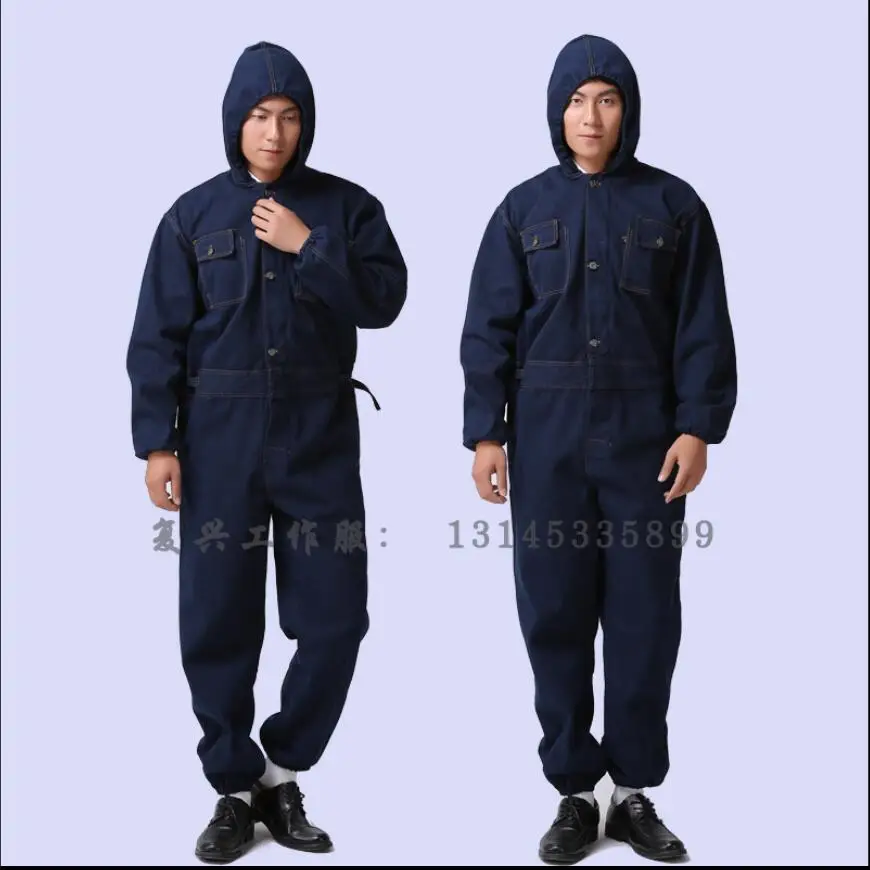 

Plus Size Winter Men Denim Overalls One-piece Hooded Repairman Overcoat Welding Work Clothes Onesies Male Dust-proof Outerwear