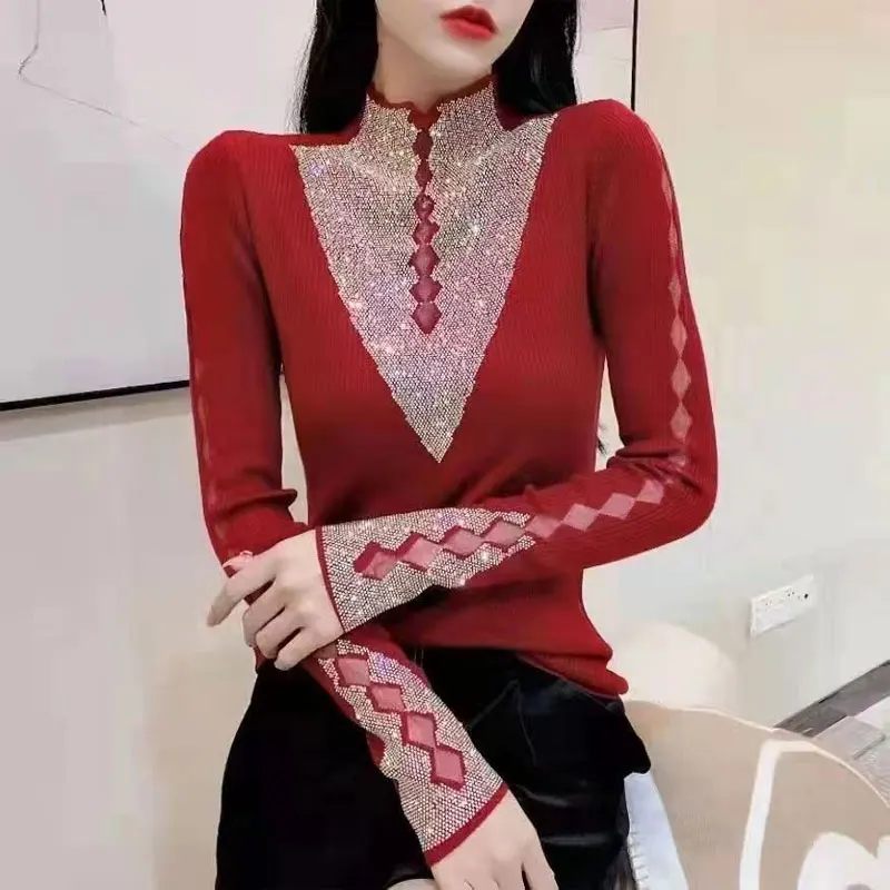 Sexy Hollow Out Gauze Spliced Blouse Women\'s Clothing Stylish Diamonds Spring Autumn Long Sleeve Casual Half High Collar Shirt