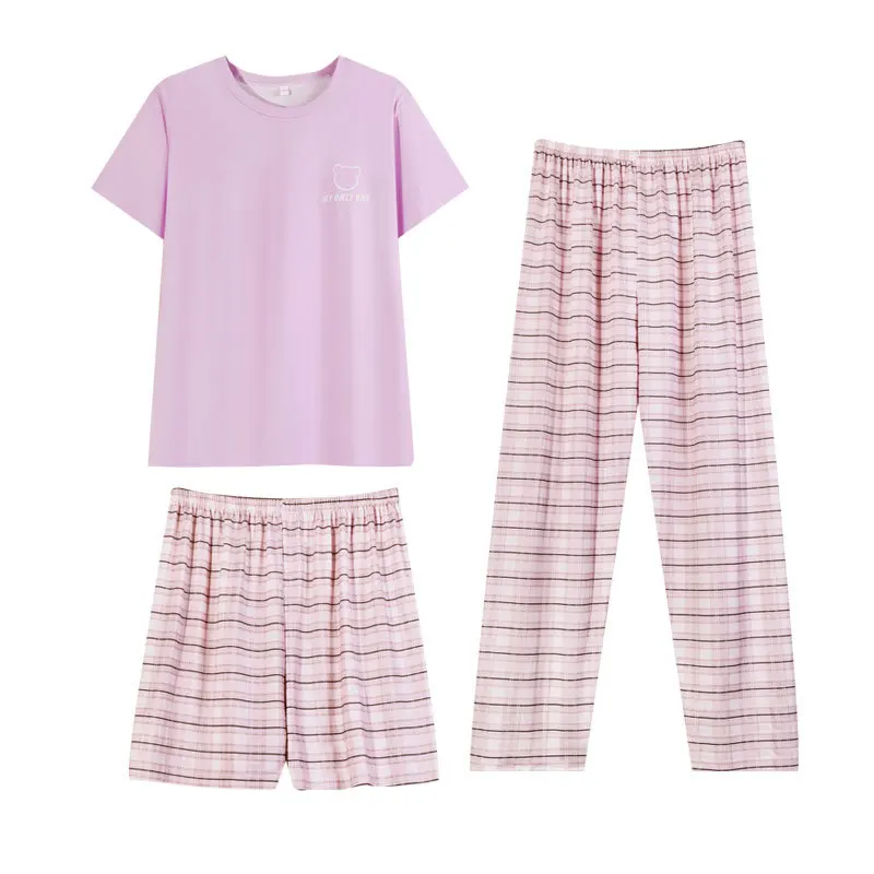 New Three-Piece Pajamas Homewear Women Cotton Spring and Summer Sweet Girl Department of Short-Sleeved Simple Leisure Homewear