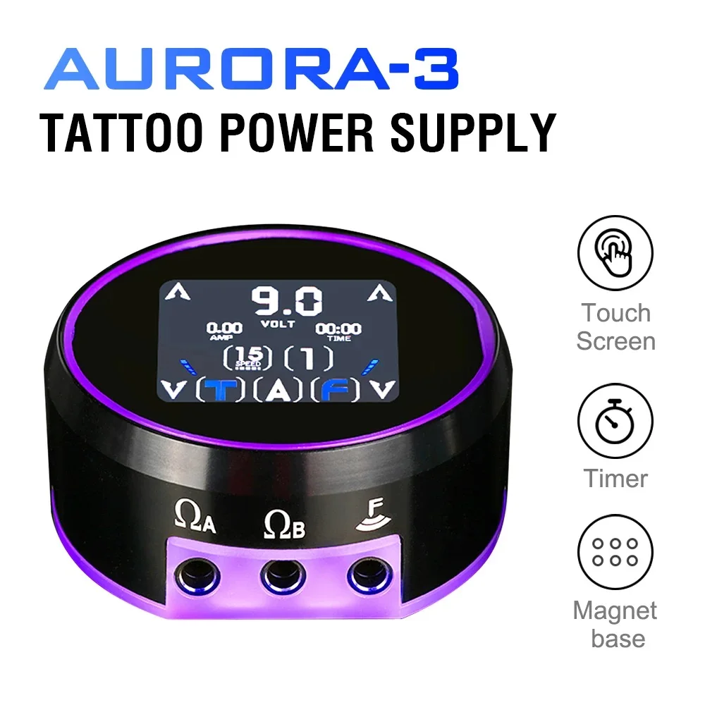 AURORA 3 Tattoo Power Supply with LCD Full Touch Screen Dual Output Voltage Colorful Light Stabilization for 2 Rotary Machines