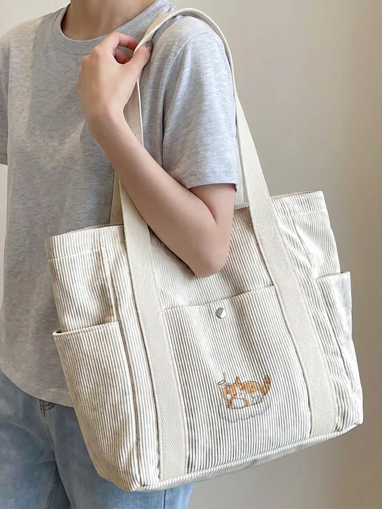 Sleeping Orange Cat Print Tote Bag, Large Capacity With Side Pockets, Portable, For Shopping, Travel, School And Daily Commute