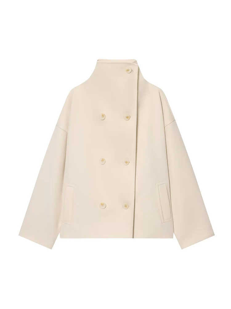 Tfmln novas mulheres sólido gola alta casacos de lã estilo simples bolsos duplos casacos casuais soltos jaqueta feminina commuter