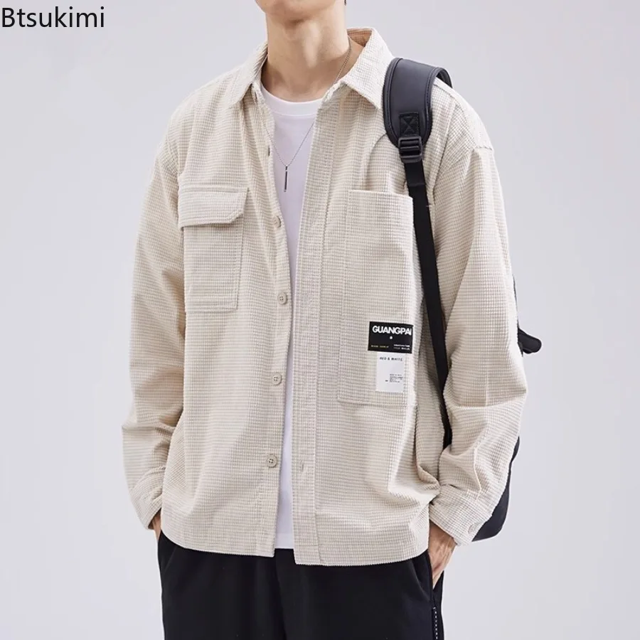 Men's Waffle Long Sleeved Shirts Autumn and Winter Fashion New Style Workwear Solid Color Loose Thick Collar Shirt Jacket Male