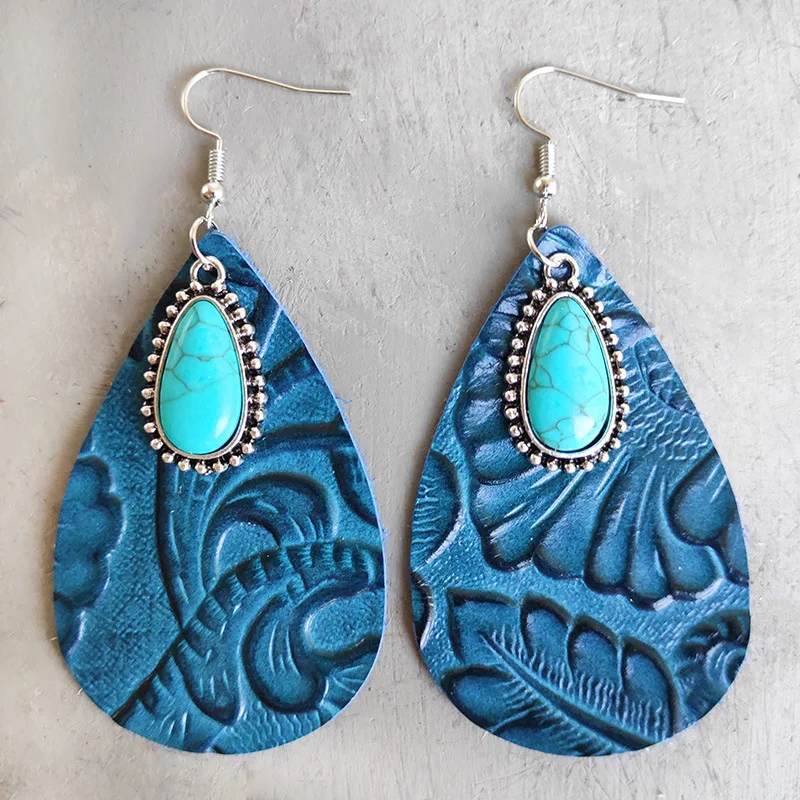 2022 Best Selling Vintage Embossed Leather Earrings Western Style Waterdrop Turquoise Pendant Leather Earrings for Women Girl