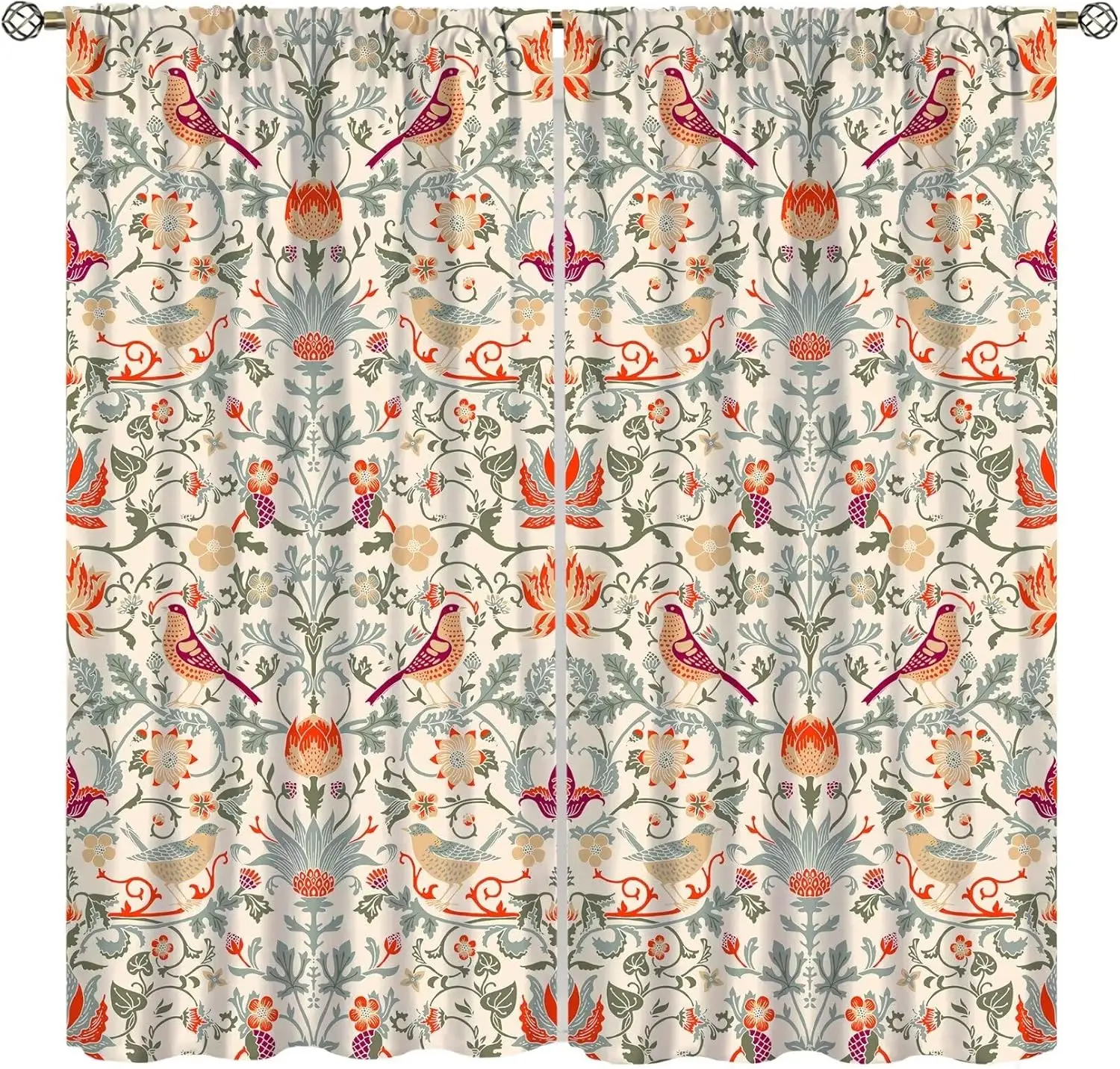 Bohemian Floral Bird Print Curtains Vintage Window Panels Ornate Botanical Cottage Style Decorative Home Decor Drapes