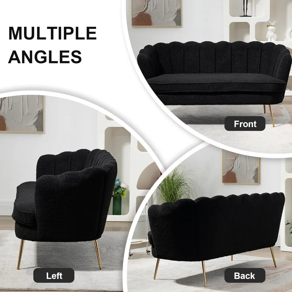 أريكة بمقعدين حديثة بتصميم بتلات، أريكة منجدة صغيرة بأرجل ذهبية، مثالية للترفيه والراحة في الغرف الصغيرة #6