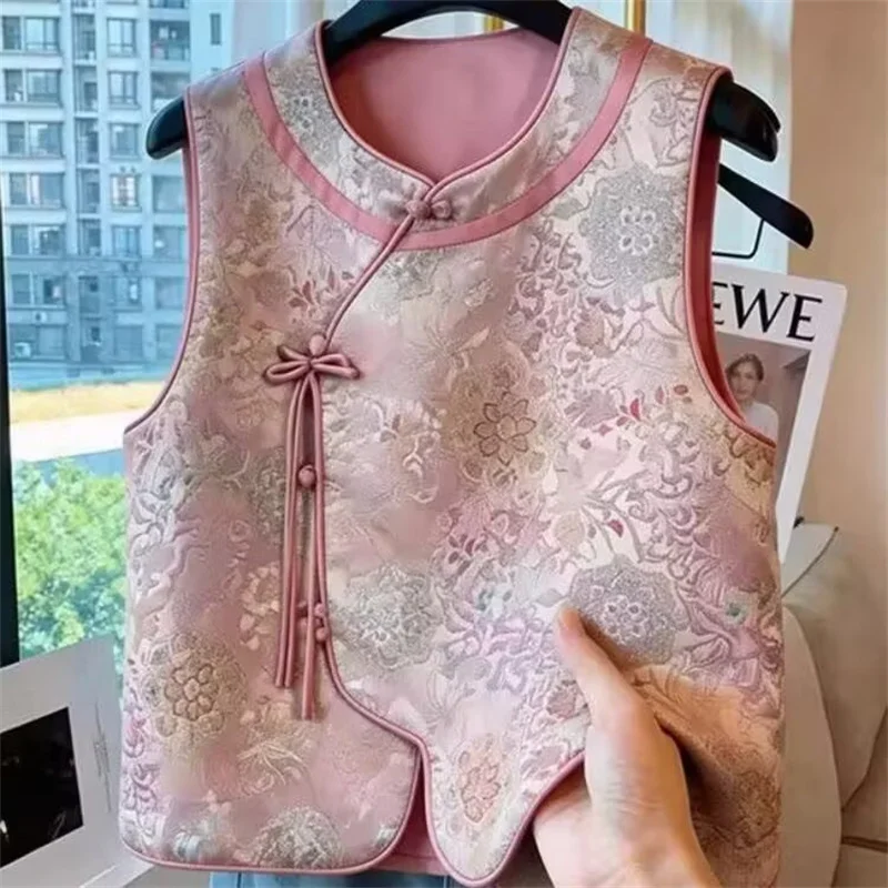 Design Beautiful Pink Joker Loose Cardigan jacquard Vest Coat Chinese Style Exquisite Sleeveless Single-breasted Vest Coat New