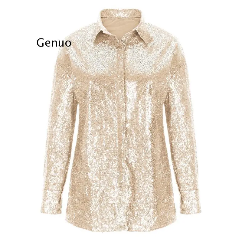 Sequin Shirt Women\'s Silver Loose Long Sleeve Party Top Spring Club Y2K Vintage Tops Sexy Shirts Women Clothes Female