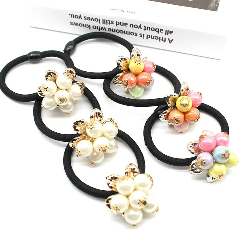 Kobiety akcesoria do włosów kwiaty koraliki opaski kucyk Holder dziewczyny Scrunchies Vintage elastyczne gumki do włosów lina gumowa stroik
