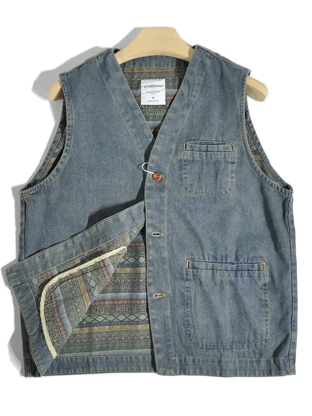 100% Cotton Washed Japanese Ethnic Style Amekaji HK Style V-neck Denim Vest American Vintage Casual Vest Shoulder