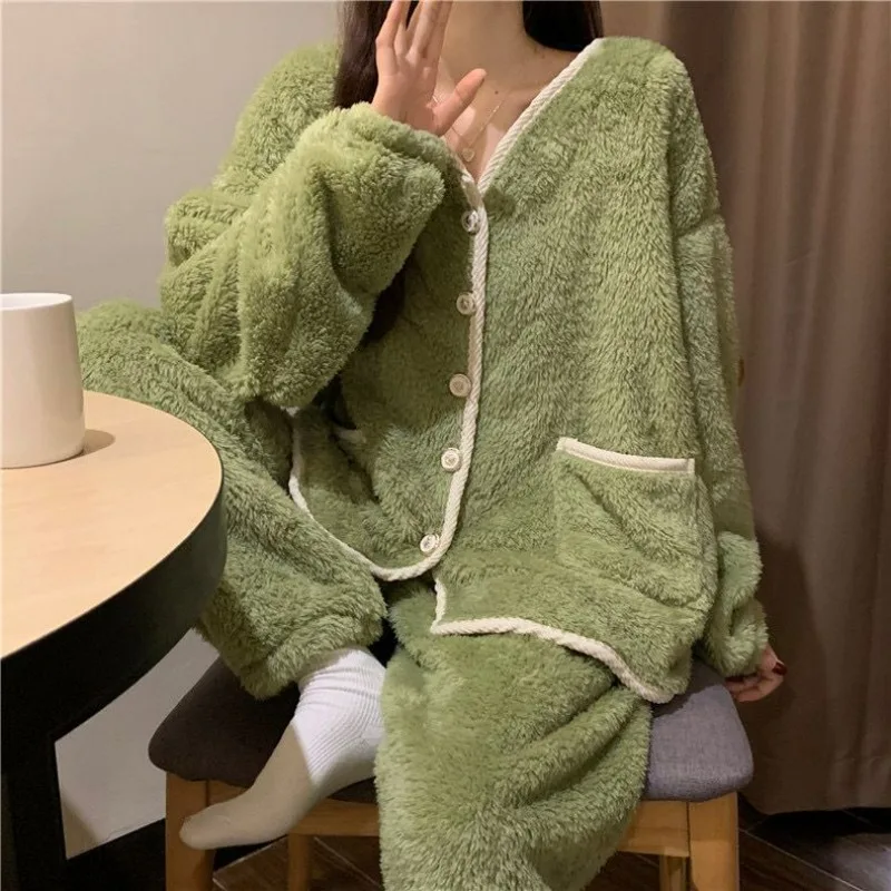 Coral Velvet Sleepwear Autumn Winter Women Sweet V-neck Thickened Casual Loungewear Suit Female Flannel Thermal Pajamas Set 2024