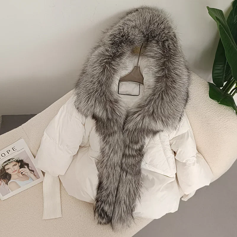 MENINA BONITA New Real Fox Fur Collar Hooded Winter Jacket Women Natural Warm Loose Oversize Duck Down Coat Streetwear Outerwear