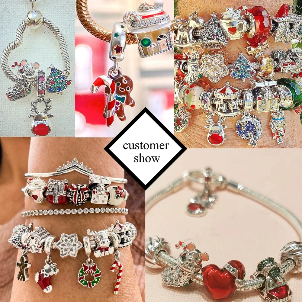 925 Sterling Silver Bell Ring, Árvore de Natal, Coração Vermelho, Elk Charm Fit, DIY Pulseira, Colares Jóias