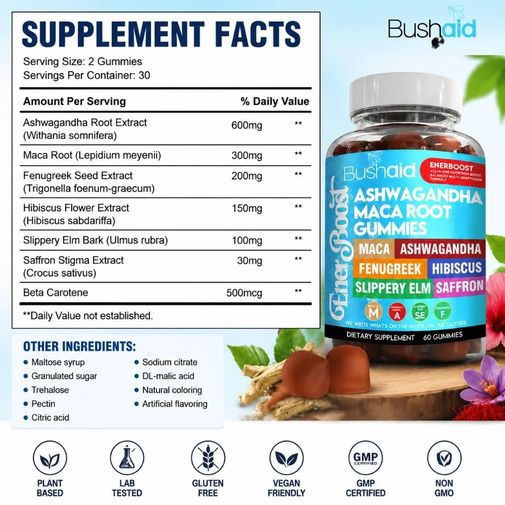 BushAid Ashwagandha Maca Root Gummies 60ct Fenugreek Hibiscus Saffron Adaptogen Botanical Vegan Hair Skin Nails Stress Support