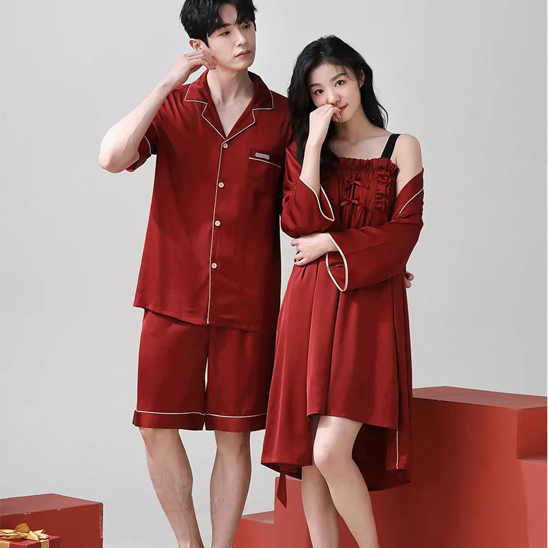 

Новые женатые пижамы для пар, красный ледяной шелк, мужской кардиган, одежда для сна и женские сексуальные подтяжки, ночные рубашки, халаты