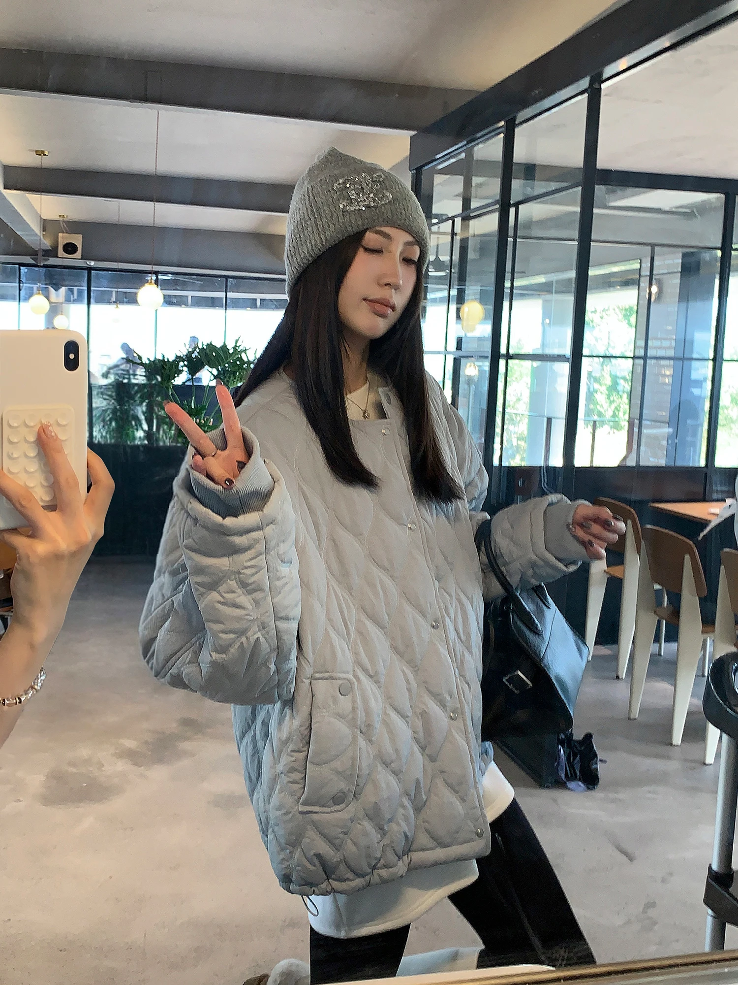 

Легкая теплая хлопковая куртка с круглым вырезом для женщин, дизайнерская модель с ромбовидным узором, в корейском стиле, для повседневной носки, свободного кроя, с длинными рукавами