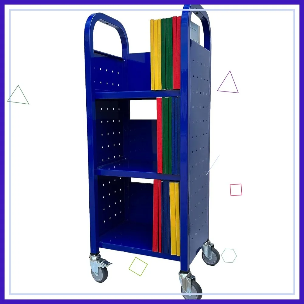 

Library Book Cart with Swivel Lockable Casters, 3 Flat Shelves, Rolling Single Bank Truck for Easy Storage and Mobility in Blue