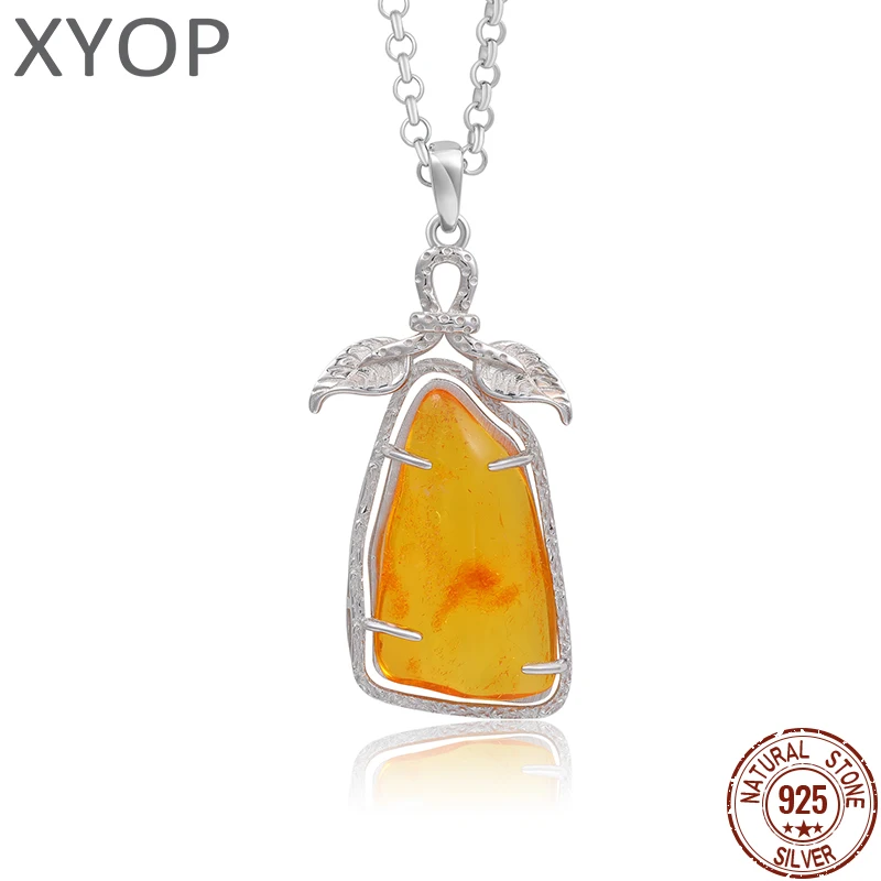 XYOP One of a kind, Just One Natural Amber Pendant Necklace Luxury Red Yellow Lrregular Design 925 Sterling silver
