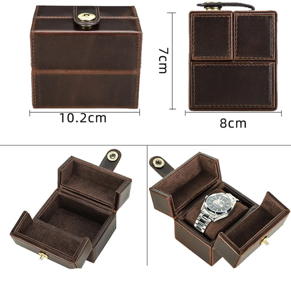 Watch Storage Box 1 Slot Grid Top Layer Cowhide Handmade Anti Drop Square Magnetic Buckle Portable Watch Box Customizable Logo