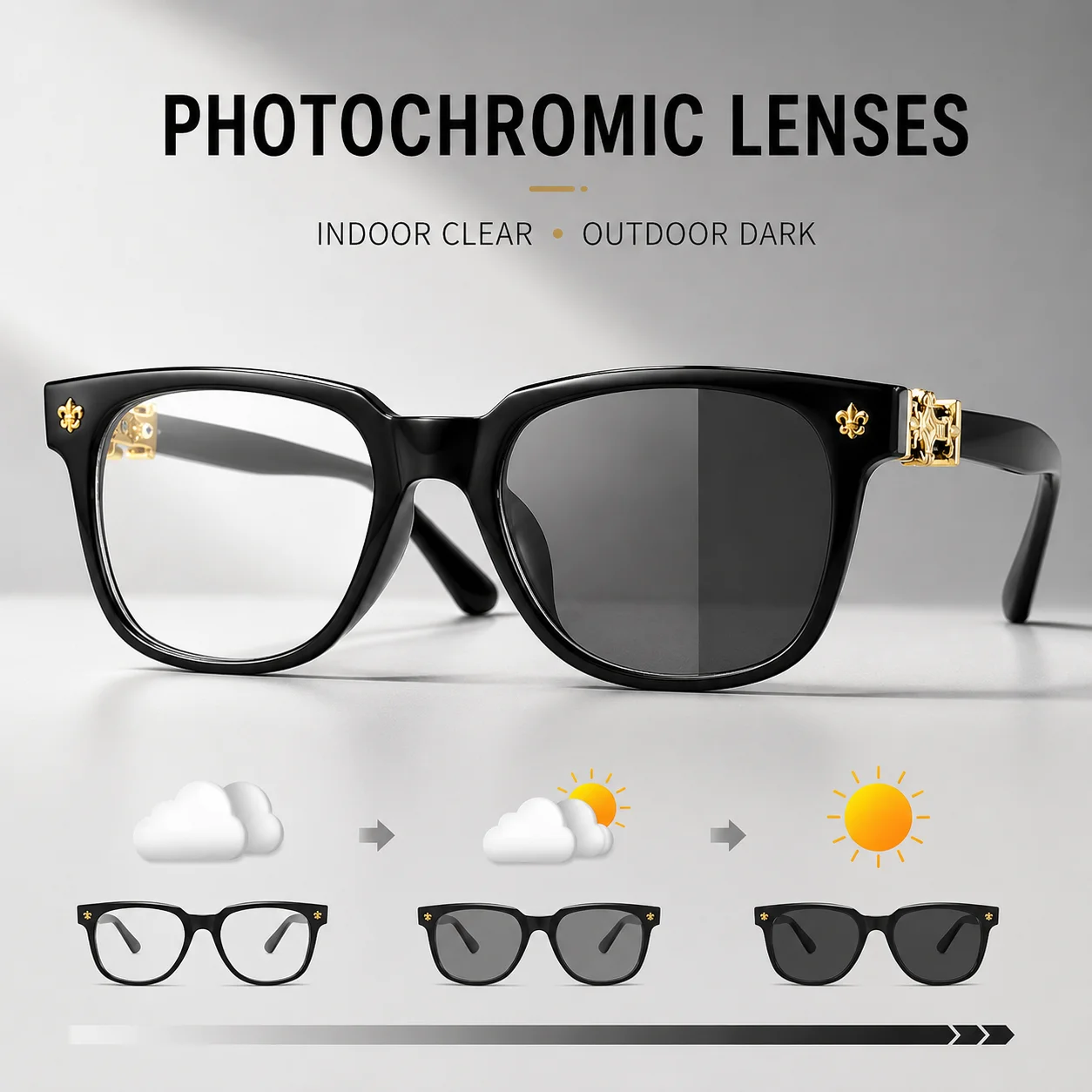 Luxuriöse photochrome Sonnenbrille für Damen und Herren, UV400, klar bis dunkel, quadratische Brille, Kreuz-Dekor, modische Brillen