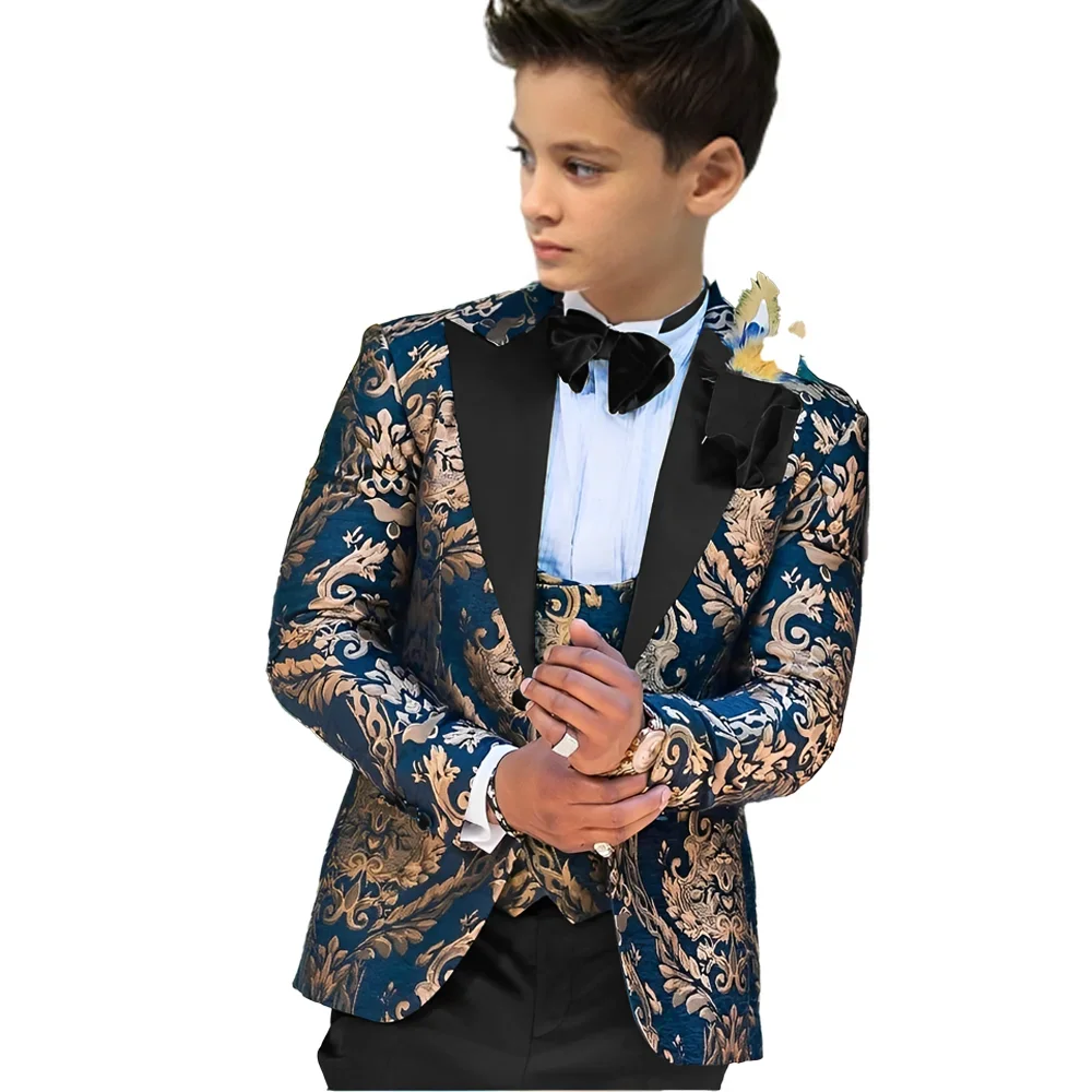 Floral Boy Suits for Wedding 3 Pieces Set Kids Groom Tuxedo Top Jacket with Vest Pants Custom Made 3-16 Years Old Child Suit