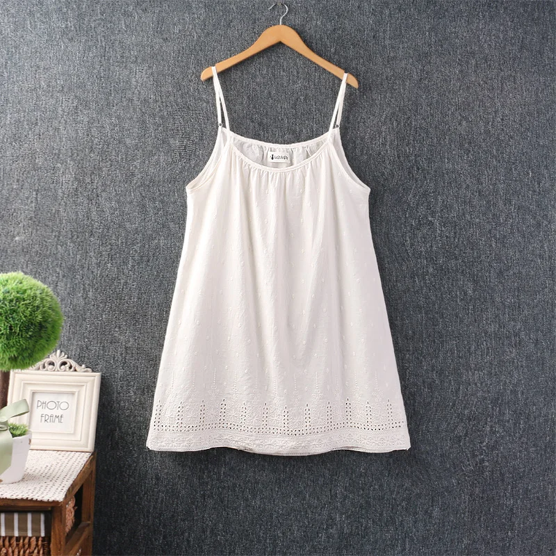

Women Summer New Mori Girl Solid Color Embroidery Tank Tops Casual Loose Spaghetti Strap Camis Tops
